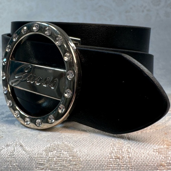 Guess Vintage Black Belt with Embellished Rhinestone Silver Buckle Size Small - Picture 5 of 9